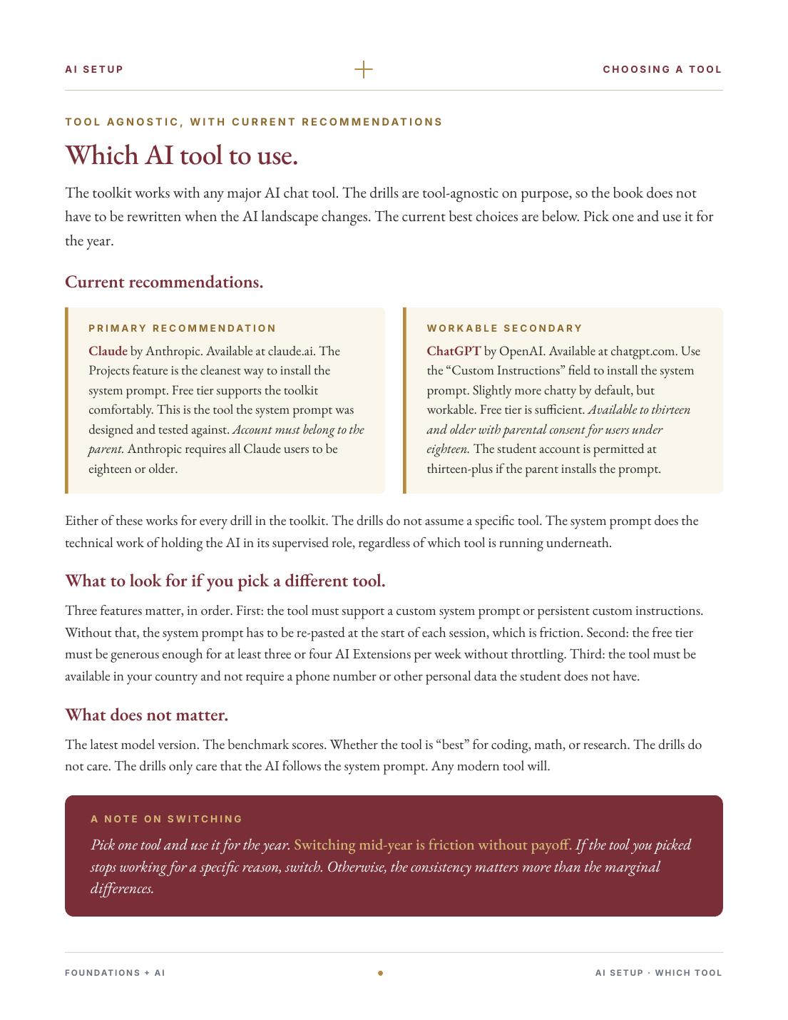 Which AI tool to use. Claude is the primary recommendation. ChatGPT is workable.