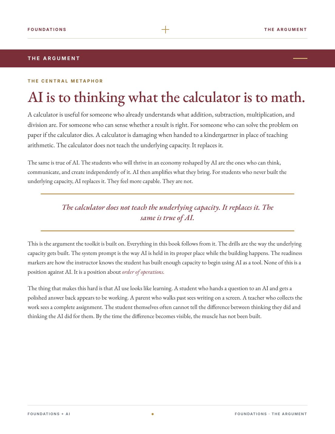 The Argument. AI is to thinking what the calculator is to math. A page from the front matter of Foundations + AI.