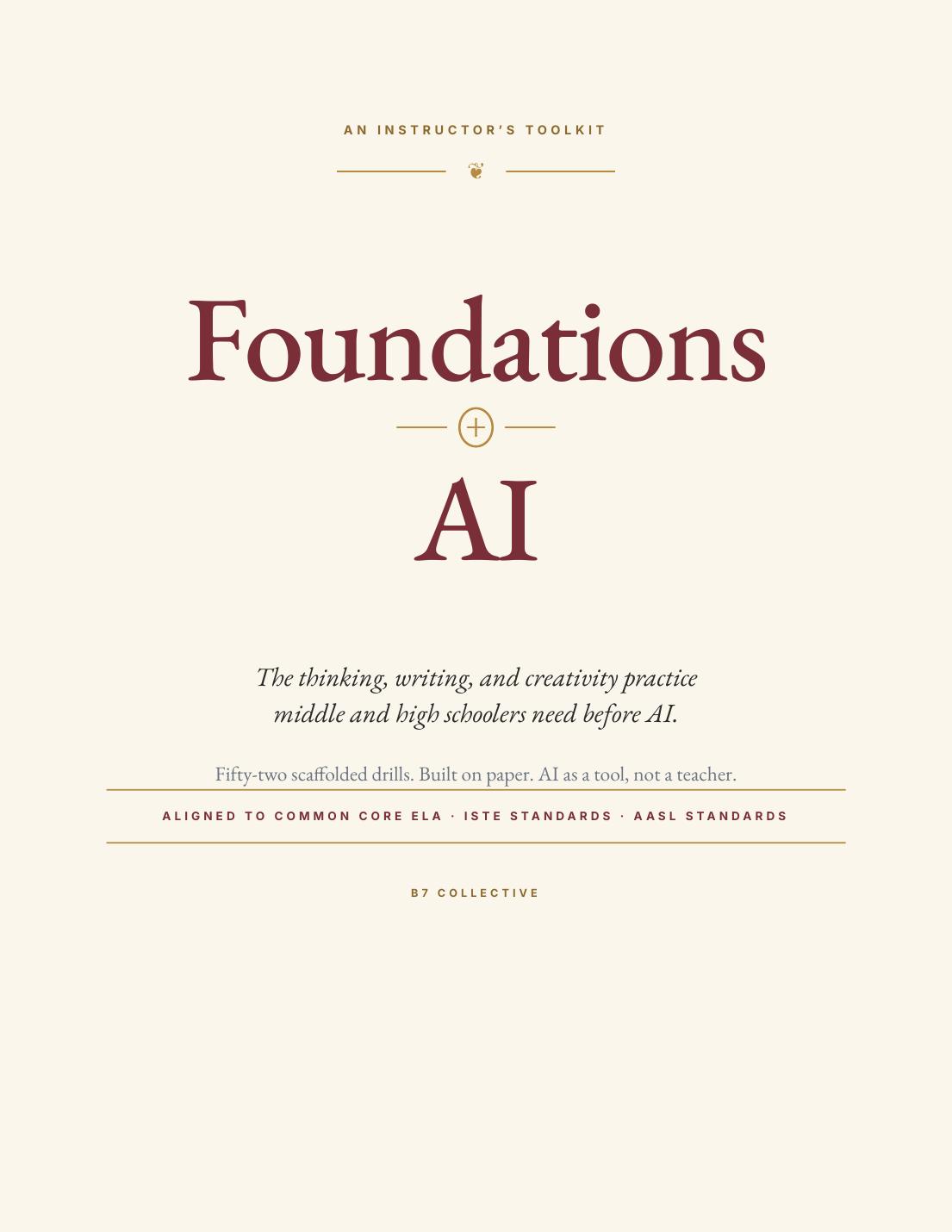 The cover of Foundations + AI. Maroon and gold serif typography on cream paper, with a circled gold plus mark between the words Foundations and AI.