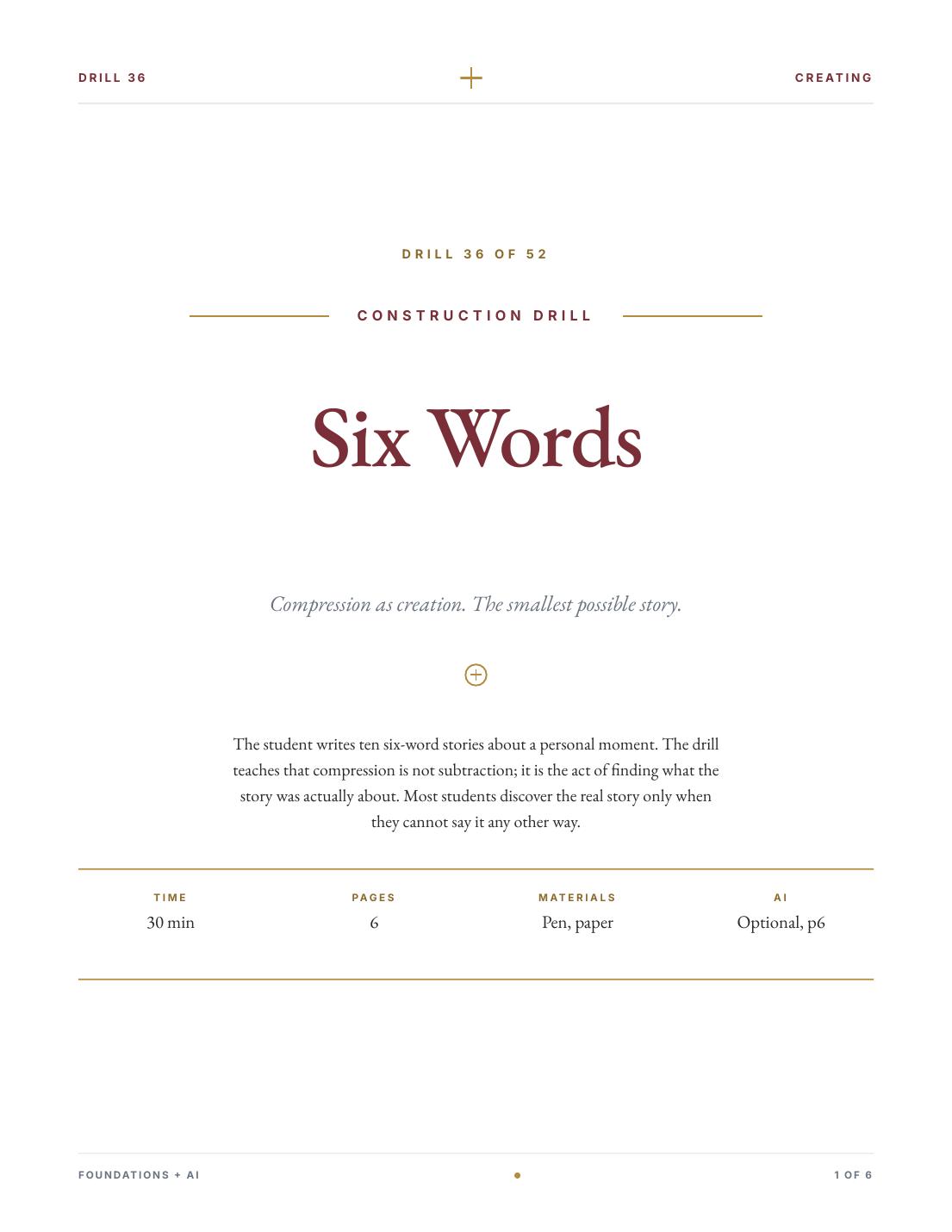 Six Words, a Construction drill from Creating.