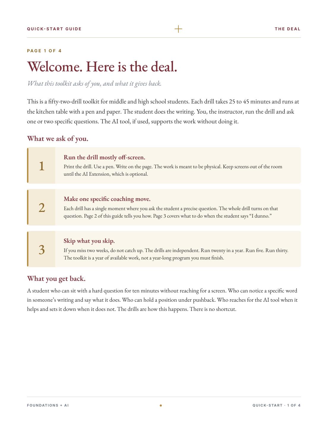 Page 1 of the Quick-Start Guide: Welcome. Here is the deal.